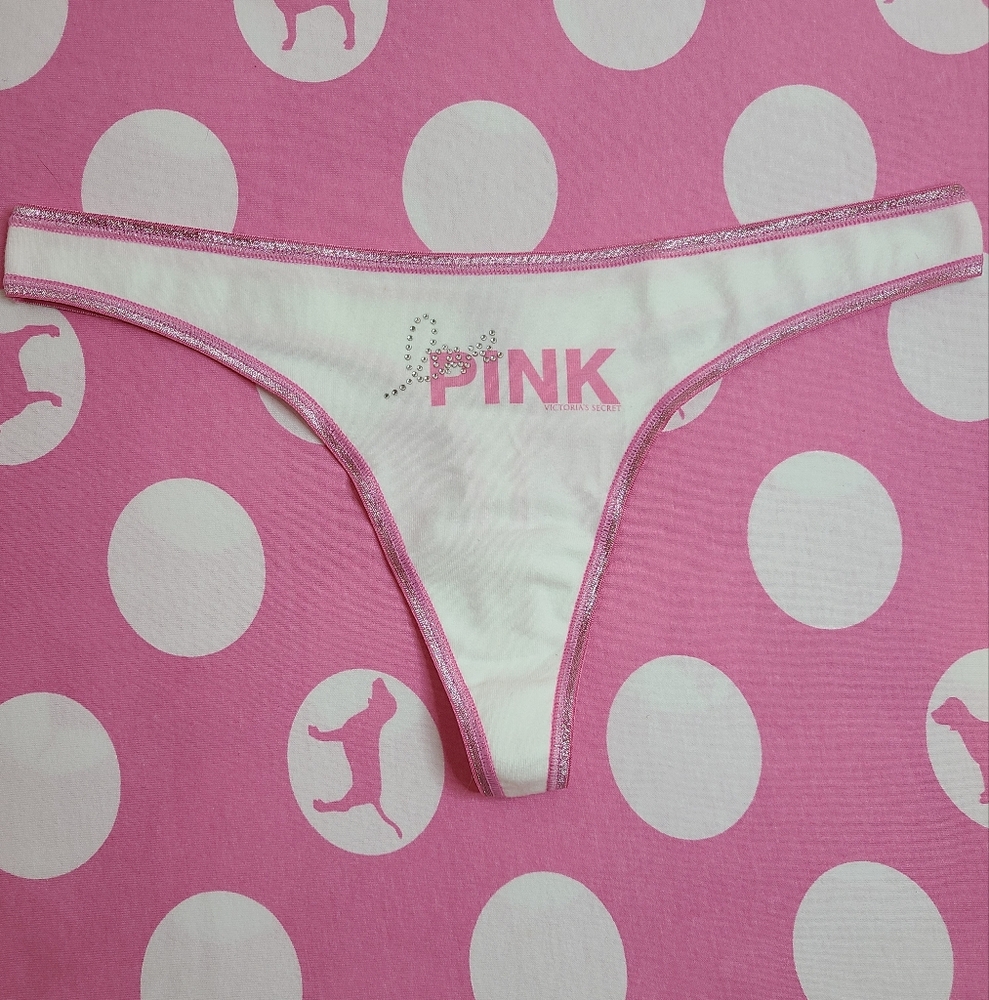 Rare VTG VS PINK Low Rise Graphic Cotton Bling Thong Panty Size M